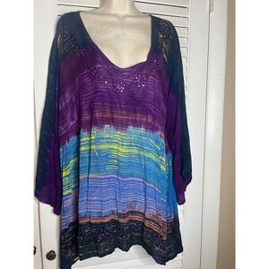 GreaterGood Womens Tie Dye Sequin Embroidered Tunic Top Gypsy Boho  L/XL Rayon